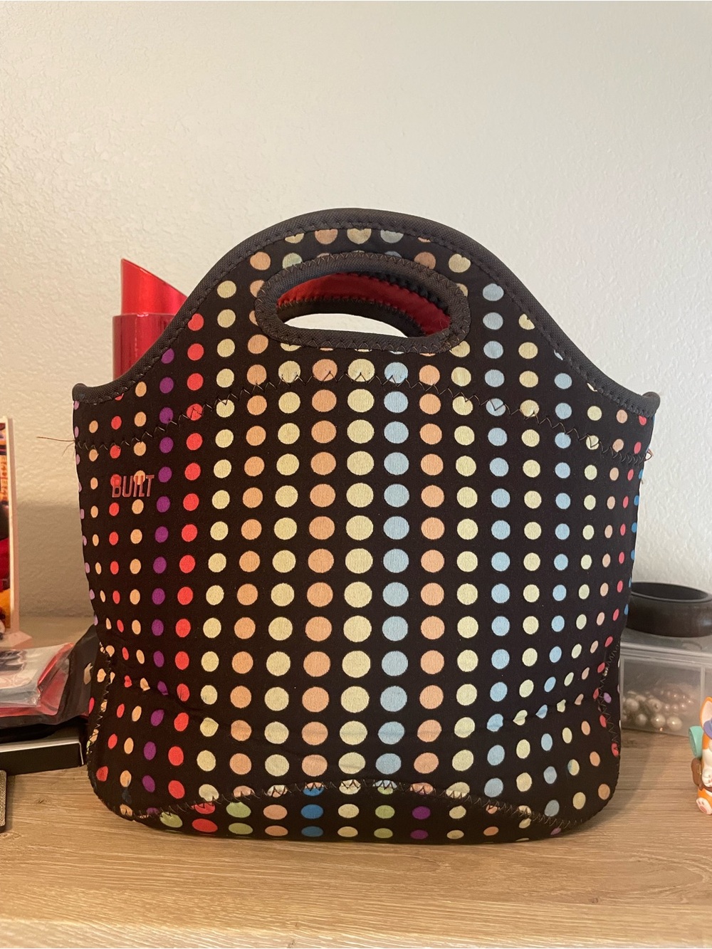 Built NY tote bag multi color polka dots neoprene